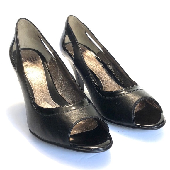 Sofft Black Peep Toe Side Cutouts Leather Heels size 9M - Picture 6 of 17
